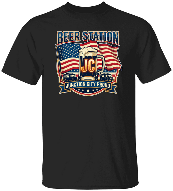 Beer Station american wavy flag  Beer station Junction City Oregon Unisex Heavy Cotton Tee