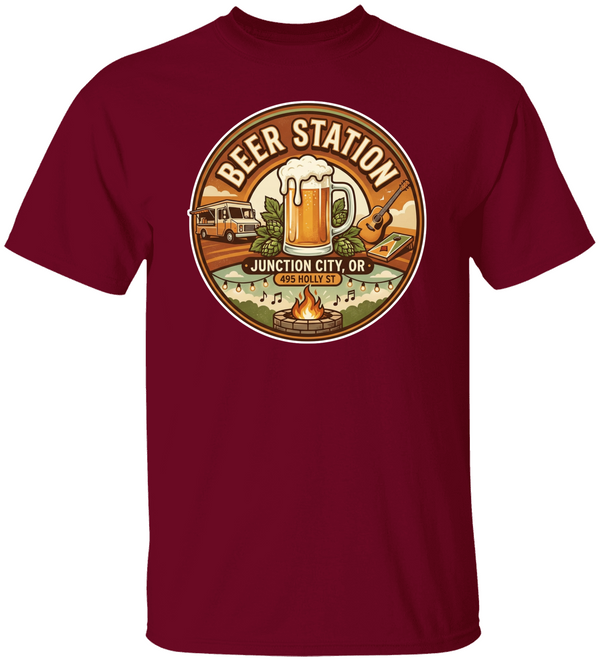 Beer Station Round w:fire pit 2 Beer station Junction City Oregon Unisex Heavy Cotton Tee